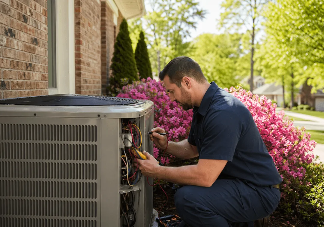 HVAC technician performing seasonal maintenance